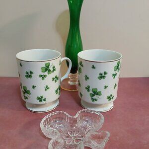 Shamrock Collection-2 Lefton Mugs, Green Vase and Trinket Dish